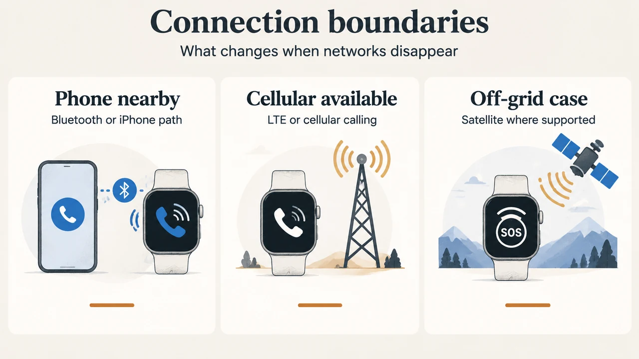 Three-way comparison of phone, cellular, and satellite emergency paths for Apple Watch and Pixel Watch.