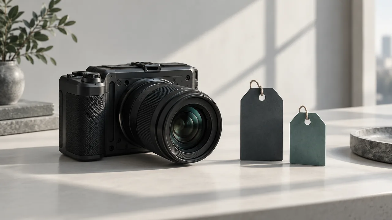 Conceptual unbranded camera beside two price tags; not a photograph of a Blackmagic product.