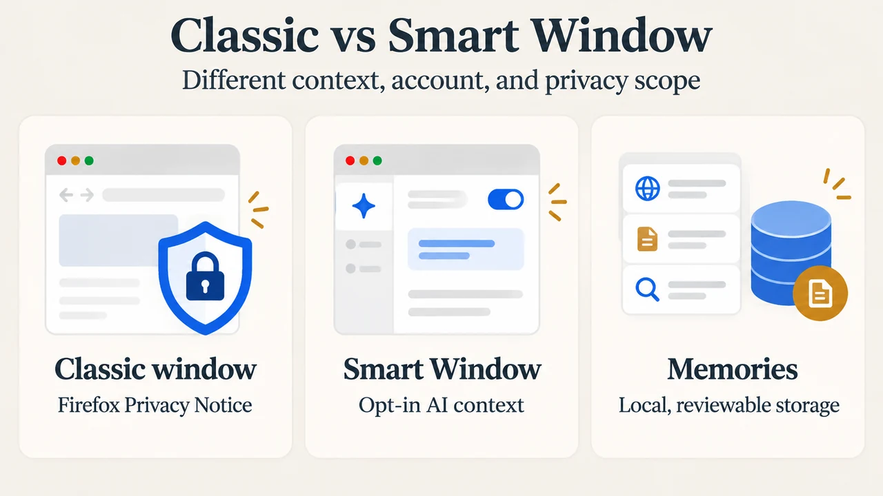Comparison of classic Firefox privacy scope and Smart Window AI context