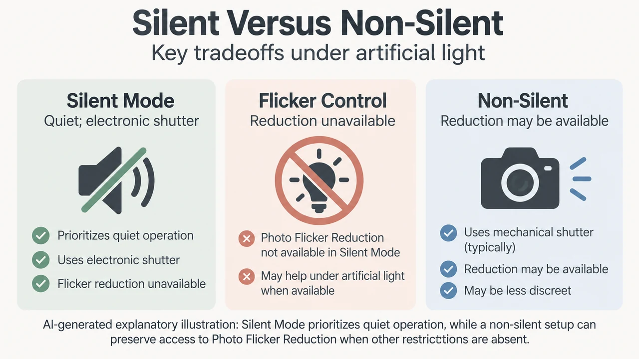 Comparison of Silent Mode and non-silent shooting showing electronic shutter restrictions versus access to flicker reduction.