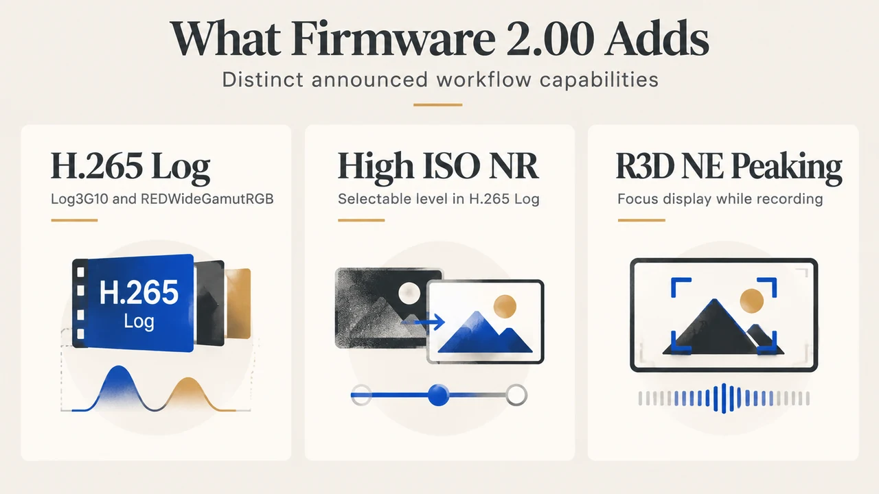Three announced Nikon ZR firmware 2.00 capabilities compared by recording and focus workflow.