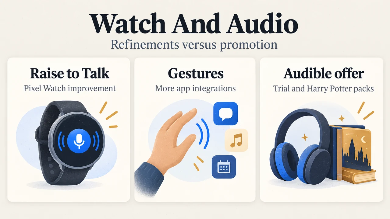 Comparison of Pixel Watch refinements and Audible promotion in the September 2026 Pixel Drop