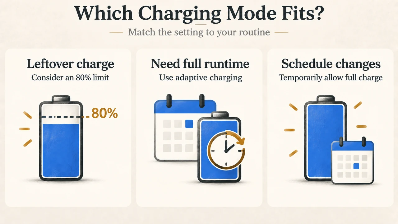 Comparison of choosing an 80 percent charge limit or adaptive charging for different daily battery needs.