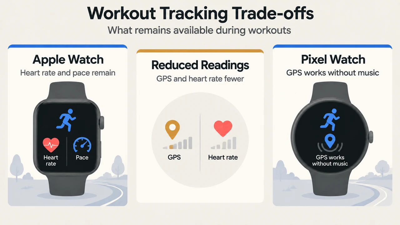 Workout tracking differences in Apple and Google watch battery saver modes