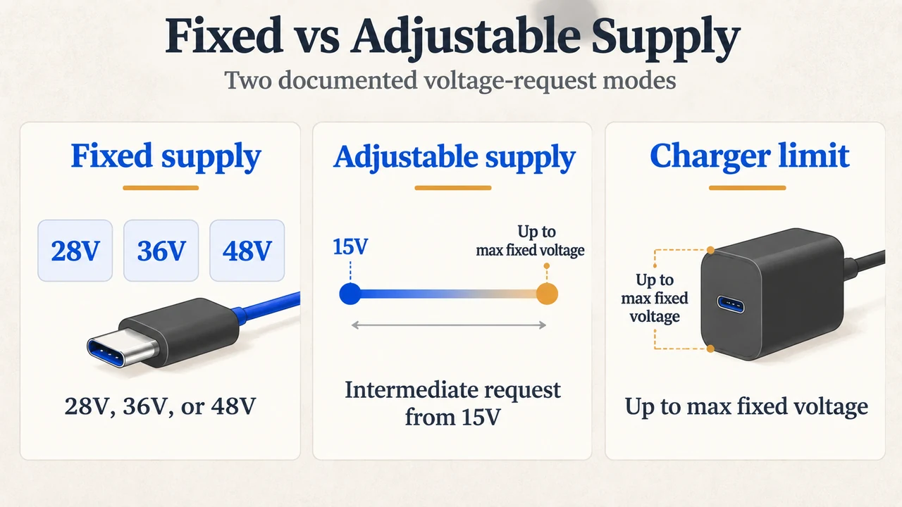Comparison of fixed USB PD voltage levels with adjustable intermediate voltage requests from 15V to the charger’s maximum fixed voltage.